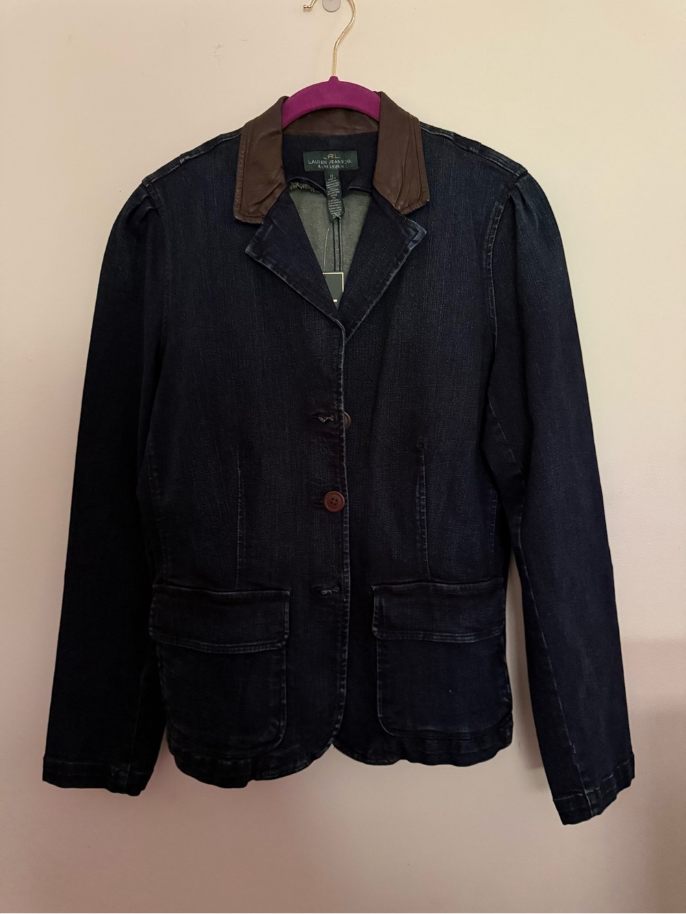 NWT Lauren Ralph Lauren Denim Leather Collar Blazer Jacket Size 12